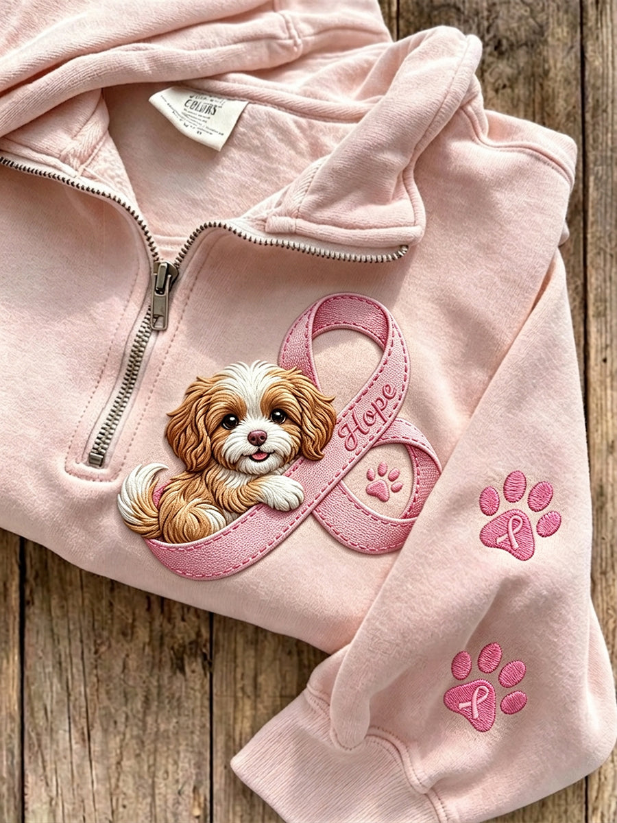 Roze lint-damessweatshirt met hond en pootafdrukken en rits