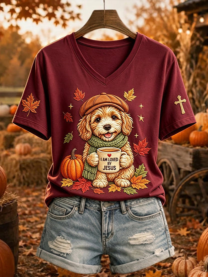 Dames-T-shirt met korte mouwen, print van Jezus houdt van honden en herfstbladeren