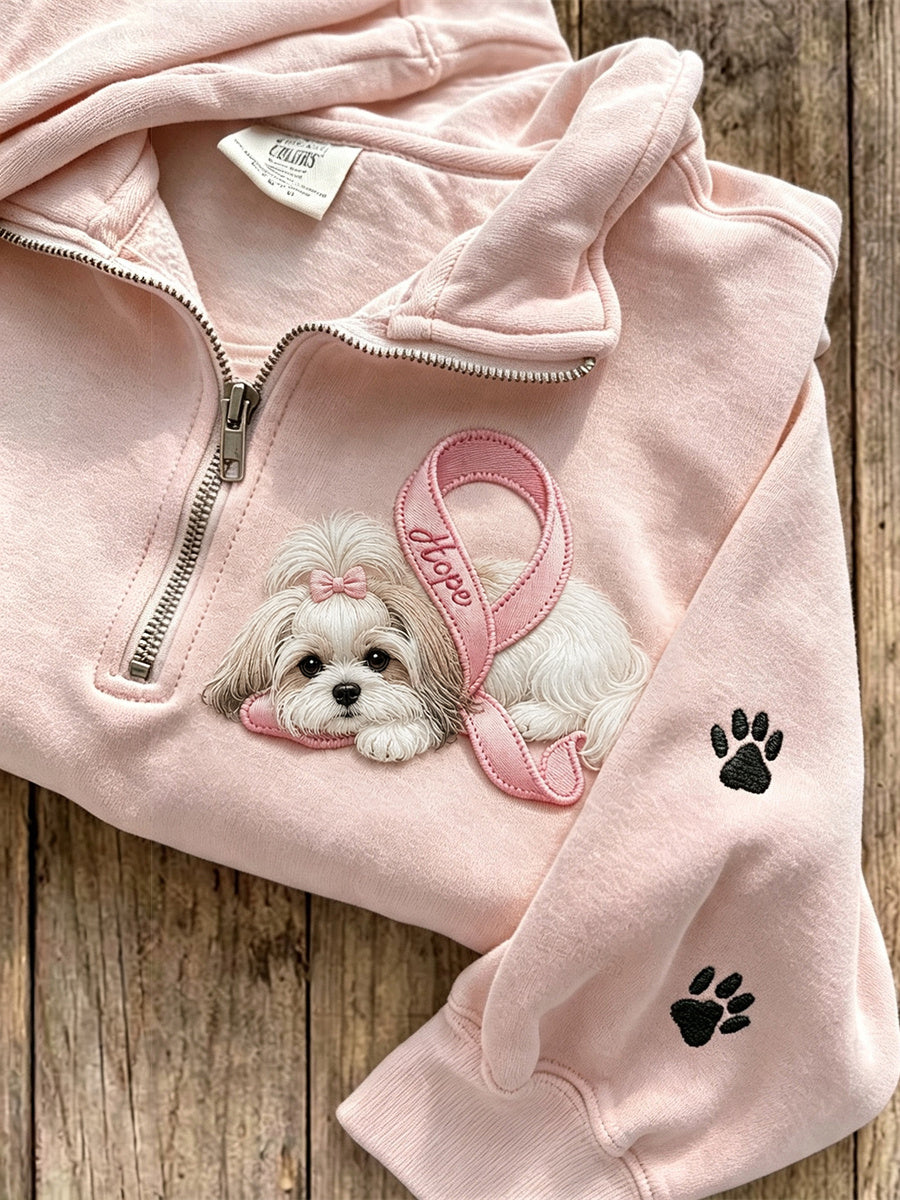 Roze lint Shih Tzu-hond en pootafdrukken dameshoodie met rits