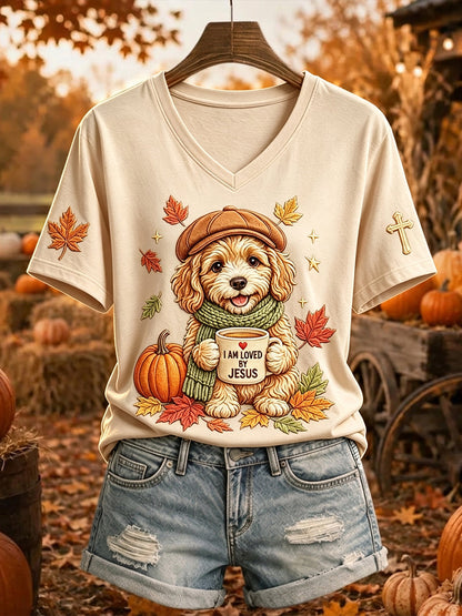 Dames-T-shirt met korte mouwen, print van Jezus houdt van honden en herfstbladeren