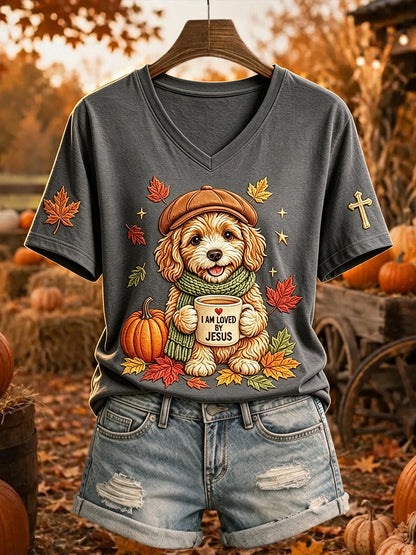 Dames-T-shirt met korte mouwen, print van Jezus houdt van honden en herfstbladeren
