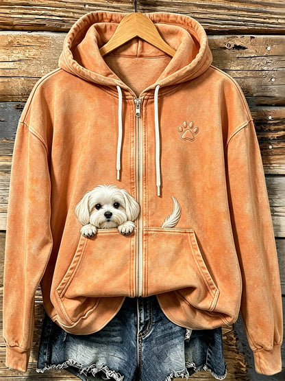 Damesmooie knuffelige Maltezer hond met pootafdrukken, gezellige hoodie met rits