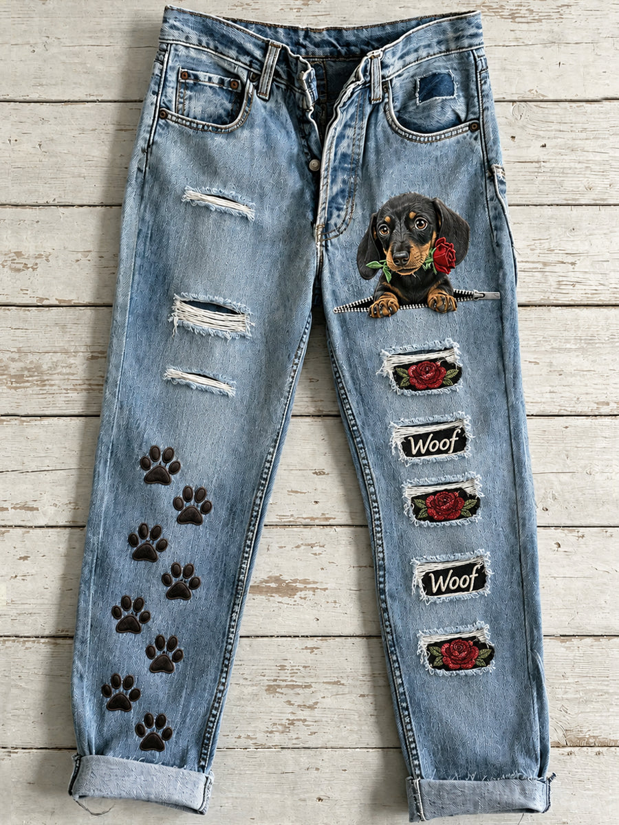 Damesbroek met schattige dieren- en hondenprint, uitlopend model