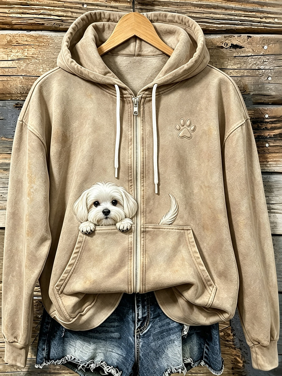 Damesmooie knuffelige Maltezer hond met pootafdrukken, gezellige hoodie met rits