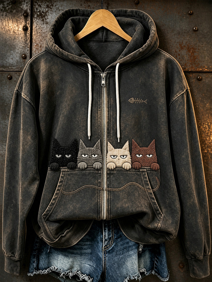 Retro dierenkunstprint casual hoodie met rits