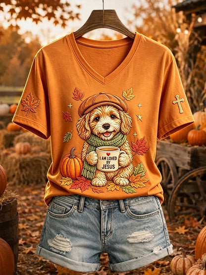 Dames-T-shirt met korte mouwen, print van Jezus houdt van honden en herfstbladeren