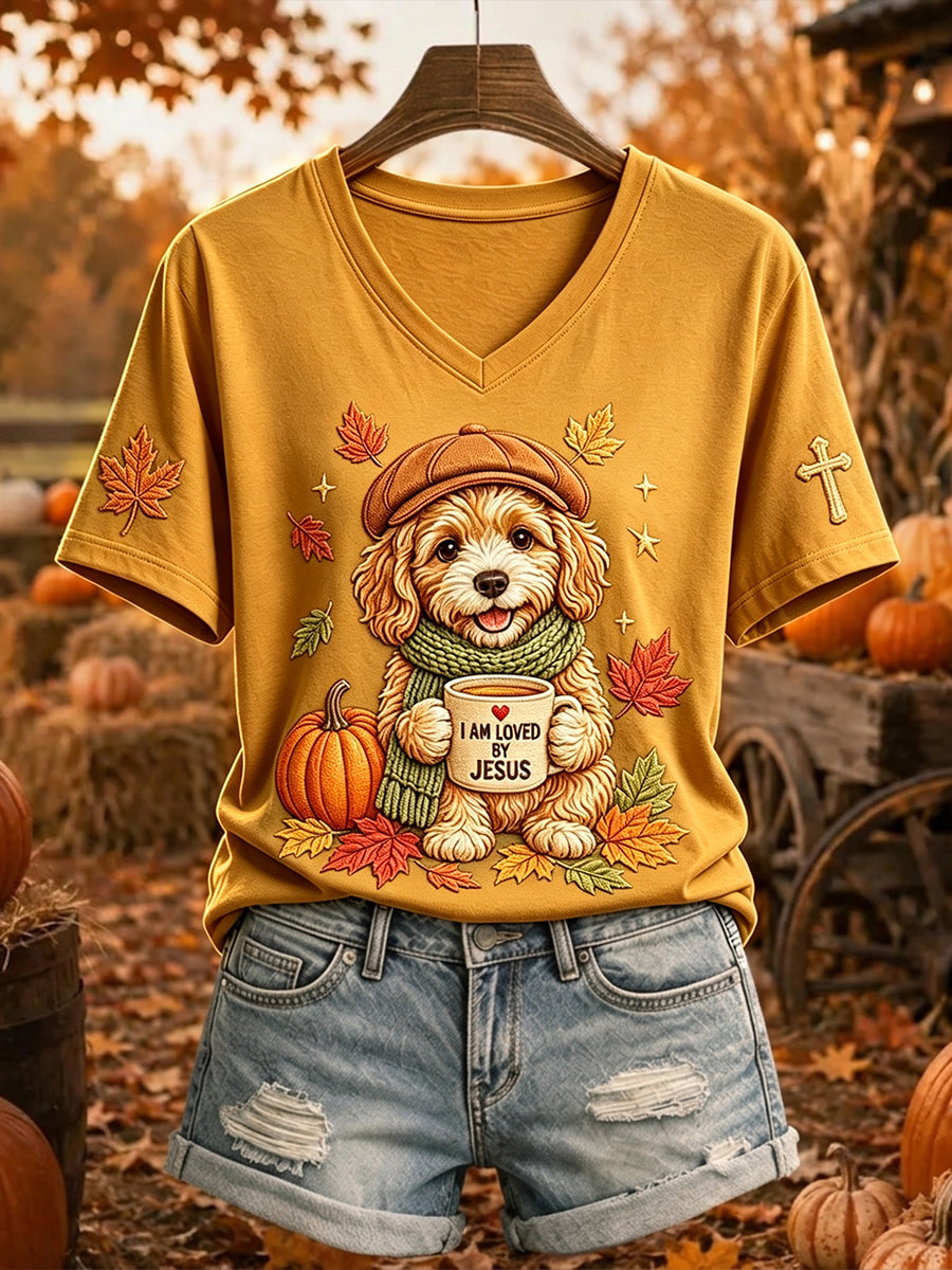 Dames-T-shirt met korte mouwen, print van Jezus houdt van honden en herfstbladeren