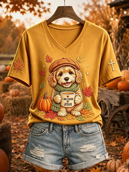 Dames-T-shirt met korte mouwen, print van Jezus houdt van honden en herfstbladeren