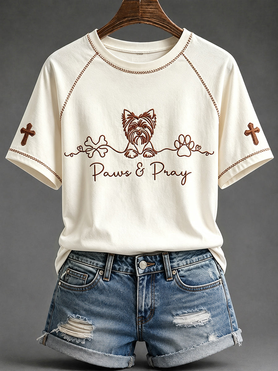 Dames-T-shirt met ronde hals en korte mouwen, Yorkie Christian Paws & Pray-print