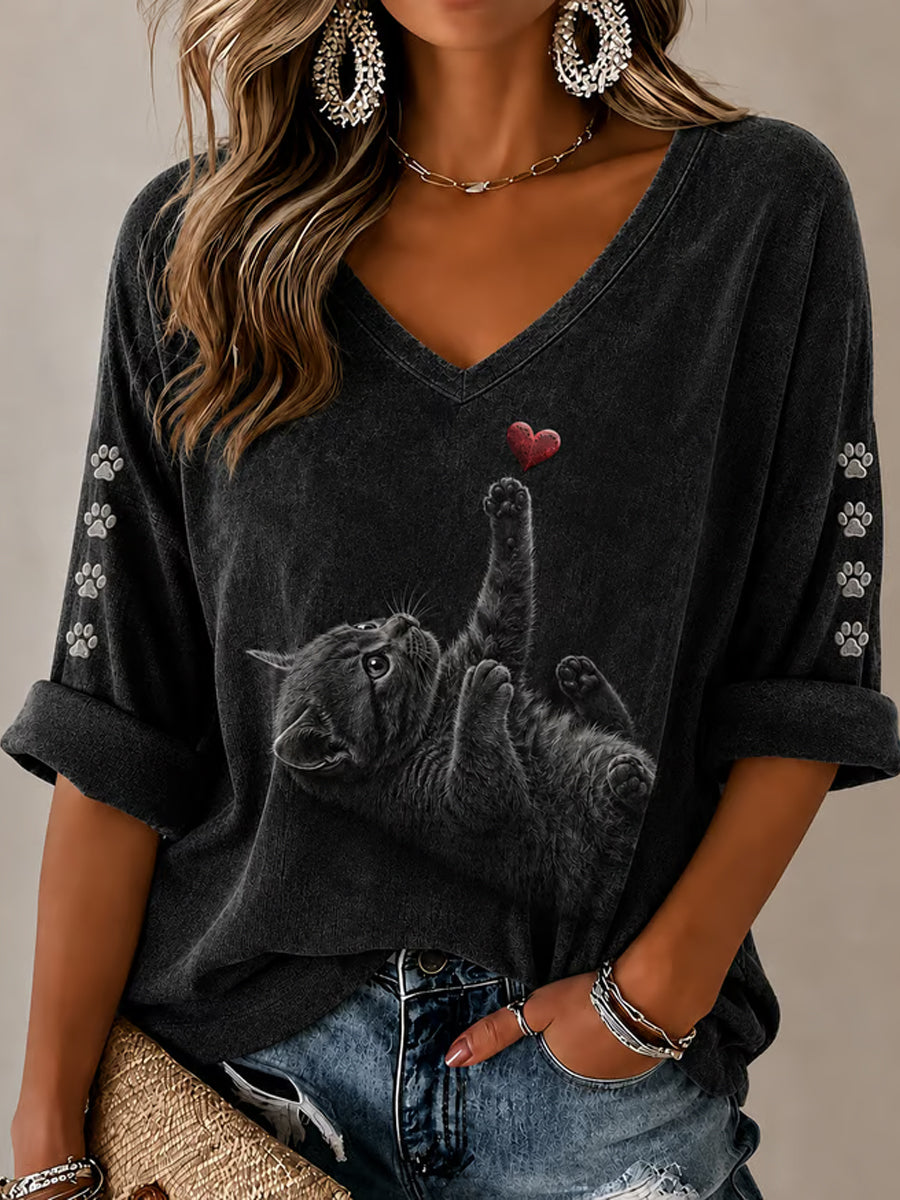 Schattige kat kunst halflange mouwen V-hals T-shirt voor dames