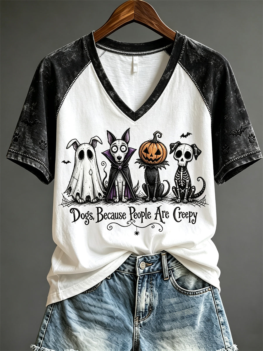 Dameshonden omdat mensen griezelig zijn Halloween-honden print T-shirt met korte mouwen