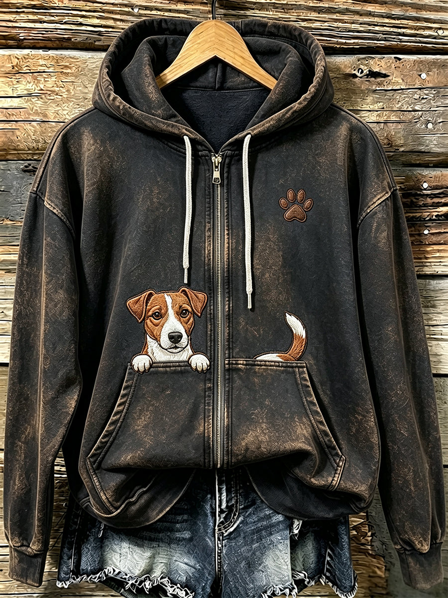 Dames Jack Russell Terrier & Paw Print Vintage Gezellige Ritssluiting Hoodie