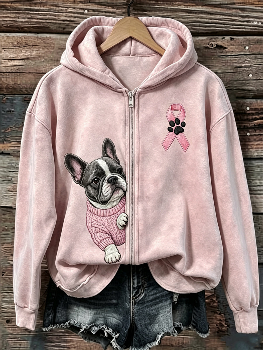 Dameshoody met rits en print van Franse bulldog die door roze lint kijkt, ter bewustwording van borstkanker