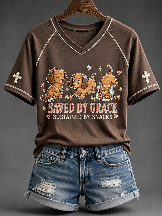 Dames gered door Grace aangehouden door snacks Teckel print V-hals T-shirt met korte mouwen