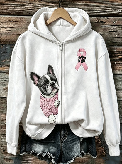Dameshoody met rits en print van Franse bulldog die door roze lint kijkt, ter bewustwording van borstkanker