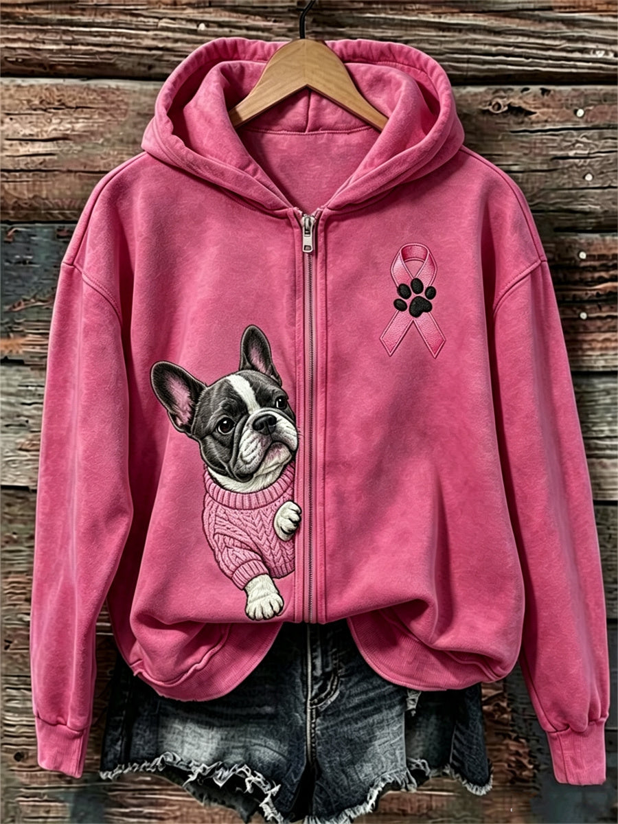 Dameshoody met rits en print van Franse bulldog die door roze lint kijkt, ter bewustwording van borstkanker