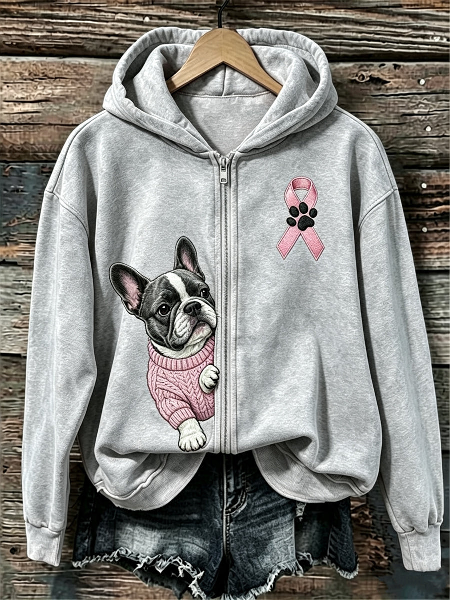 Dameshoody met rits en print van Franse bulldog die door roze lint kijkt, ter bewustwording van borstkanker
