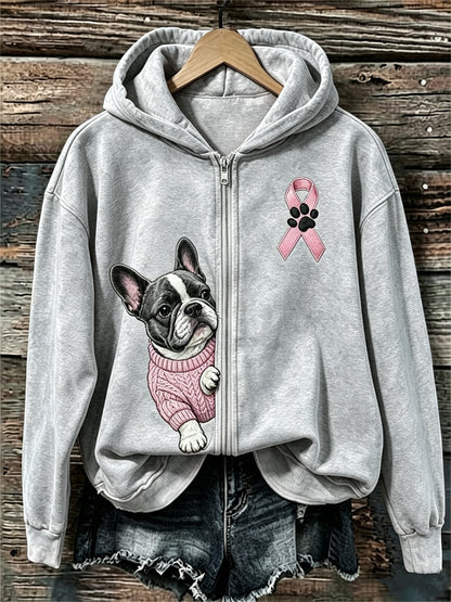 Dameshoody met rits en print van Franse bulldog die door roze lint kijkt, ter bewustwording van borstkanker