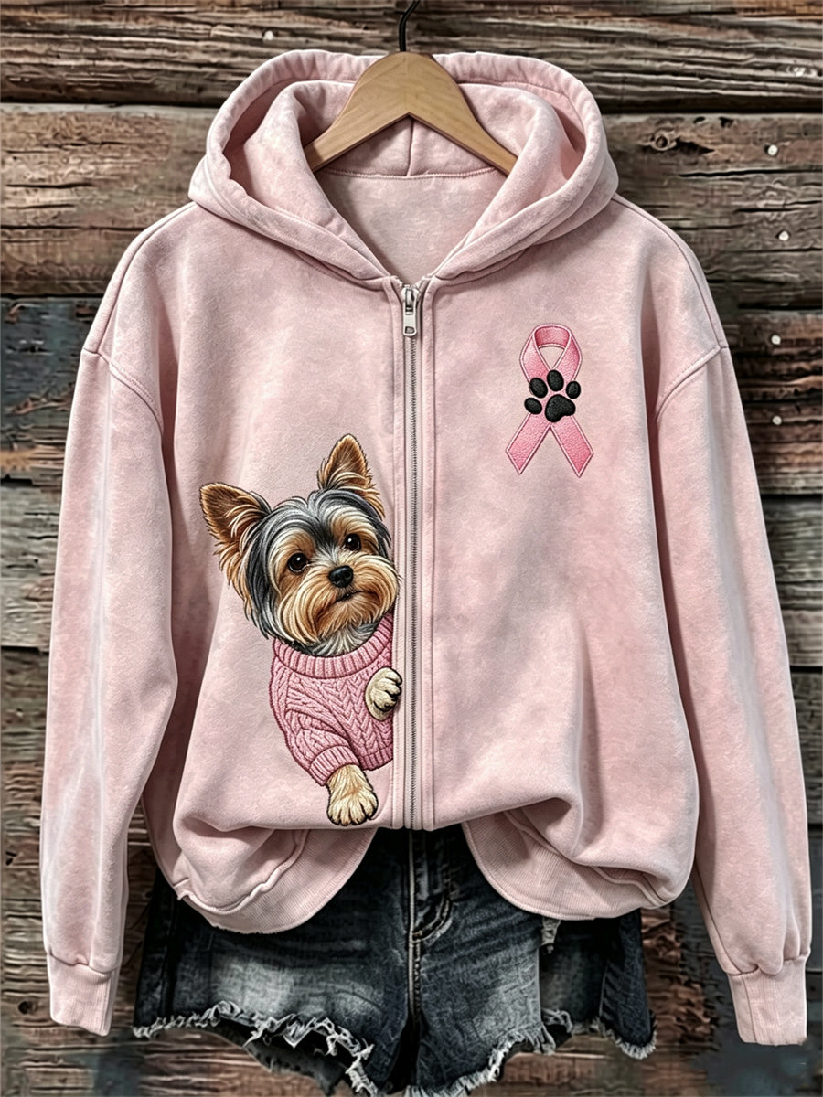 Dames gluurende Yorkshire hond roze lint borstkanker bewustzijn volledige rits hoodie