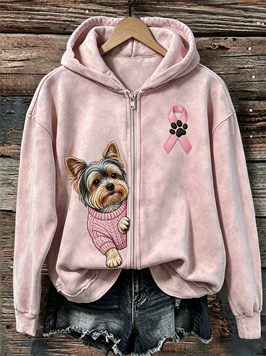 Dames gluurende Yorkshire hond roze lint borstkanker bewustzijn volledige rits hoodie
