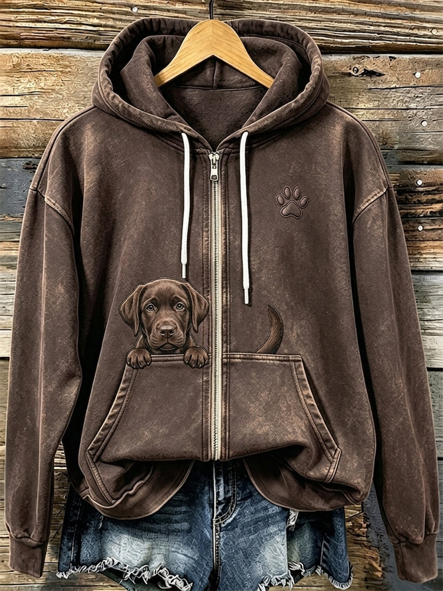 Koksvrouwensweater met chocoladekleurige labrador en pootafdrukken, knus met rits en capuchon