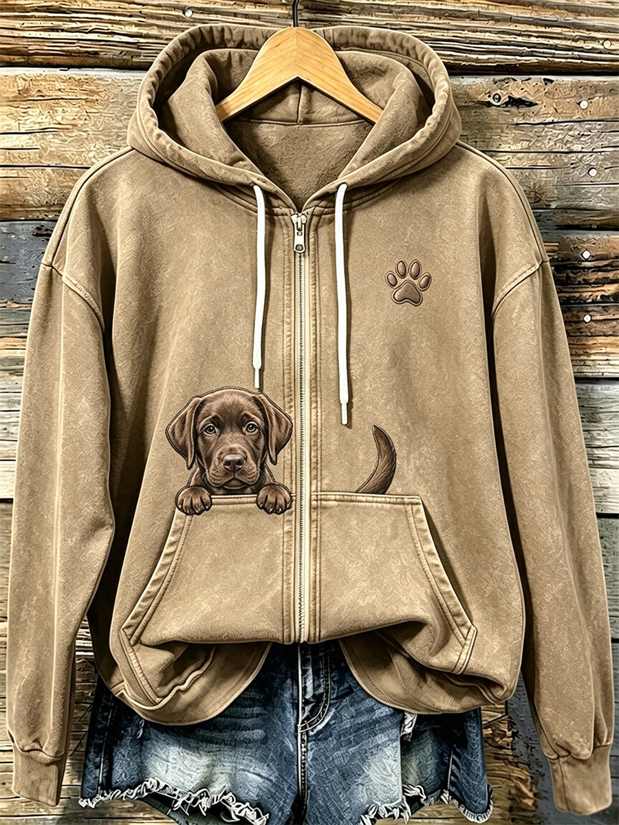 Koksvrouwensweater met chocoladekleurige labrador en pootafdrukken, knus met rits en capuchon
