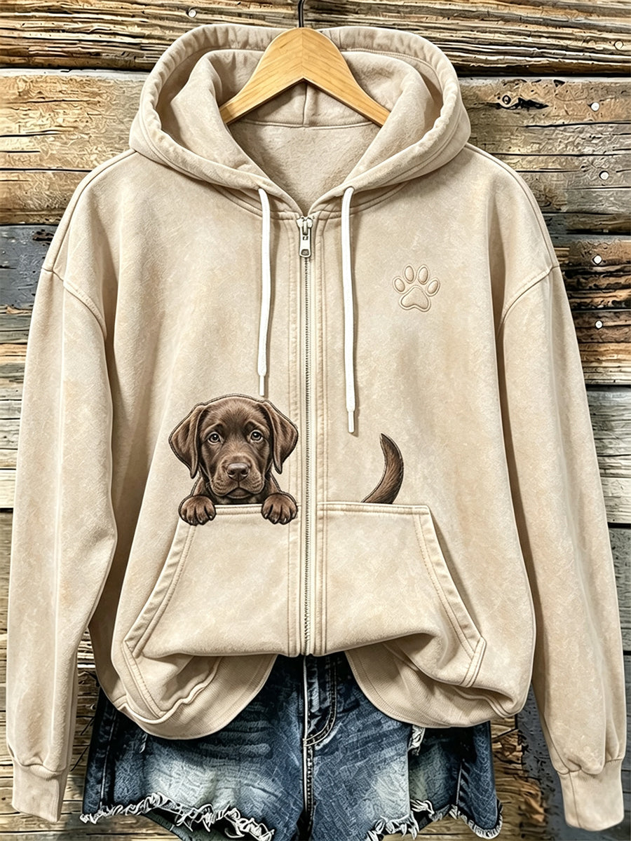 Koksvrouwensweater met chocoladekleurige labrador en pootafdrukken, knus met rits en capuchon