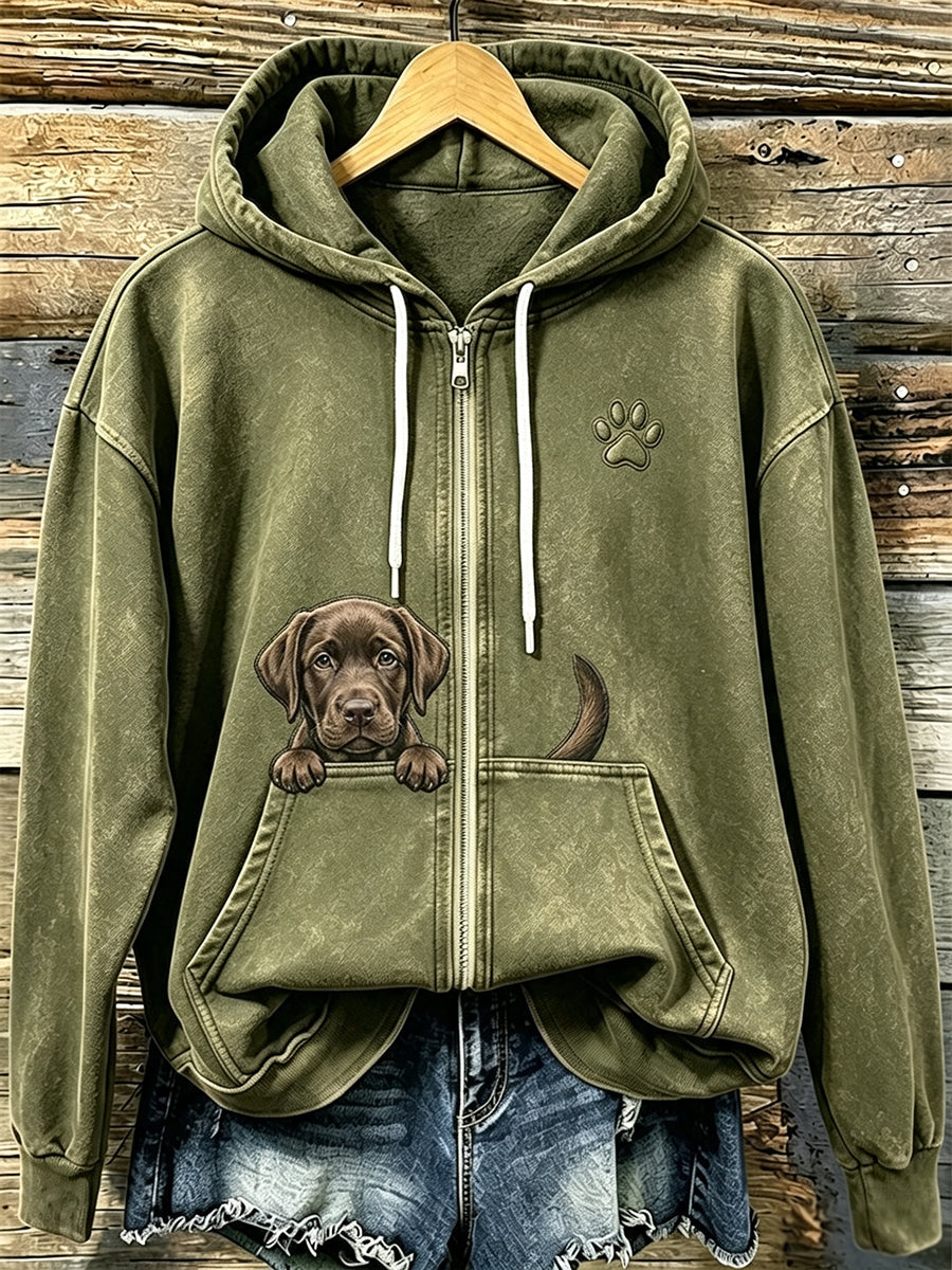 Koksvrouwensweater met chocoladekleurige labrador en pootafdrukken, knus met rits en capuchon