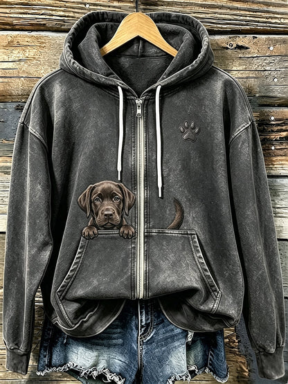 Koksvrouwensweater met chocoladekleurige labrador en pootafdrukken, knus met rits en capuchon