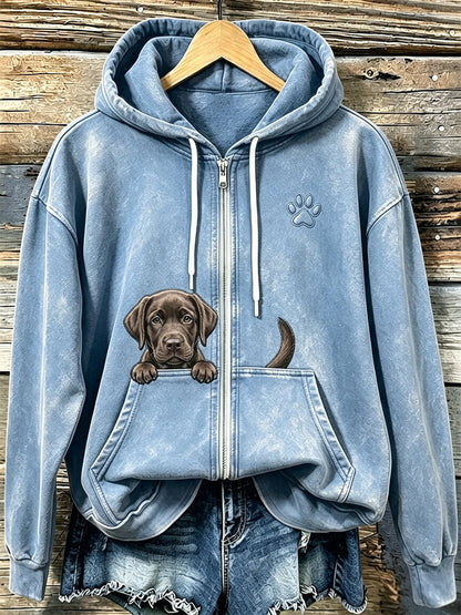 Koksvrouwensweater met chocoladekleurige labrador en pootafdrukken, knus met rits en capuchon