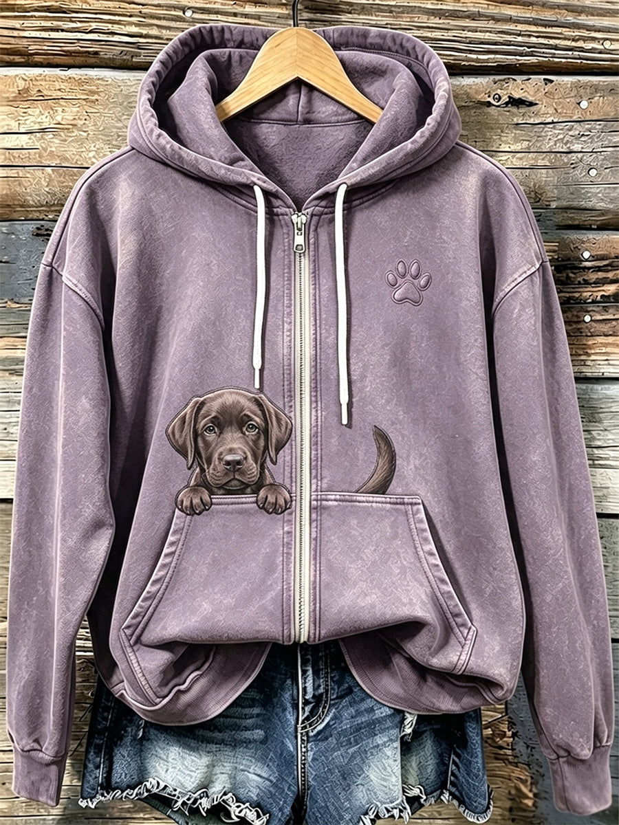 Koksvrouwensweater met chocoladekleurige labrador en pootafdrukken, knus met rits en capuchon