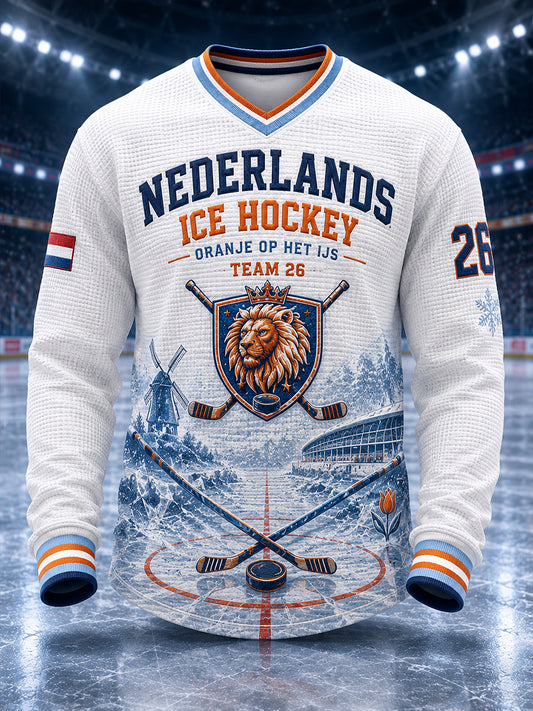 Heren wafel-gebreide lange mouw V-hals top met ijshockey-thema-print