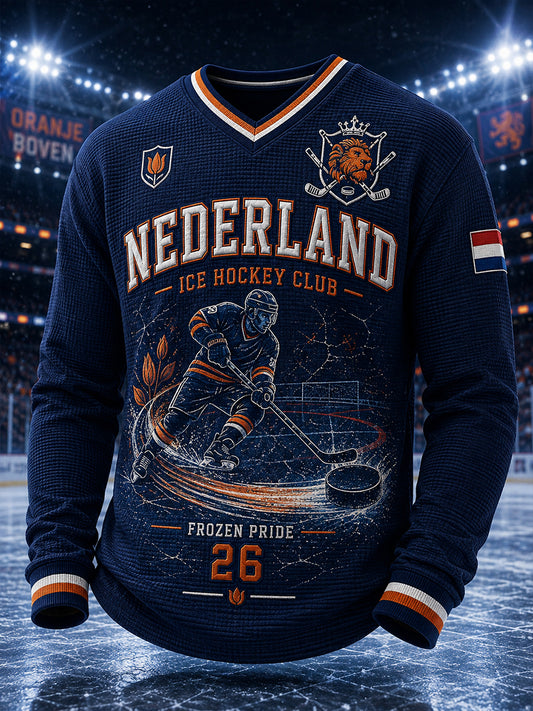 Herenhemd met wafelpatroon, lange mouwen en V-hals, met een print met ijshockeythema