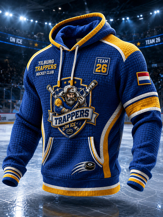 Herenhoodie van wafelbreiwerk met lange mouwen en een print met ijshockeythema
