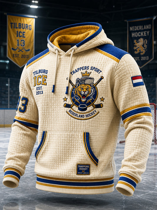 Herenhoodie van wafelbreiwerk met lange mouwen en een print met ijshockeythema