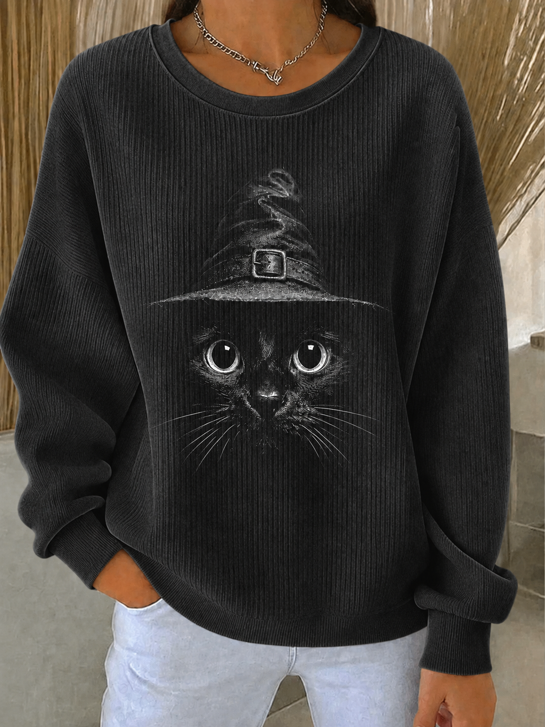 Halloween kat geribbelde sweatshirt met ronde hals voor dames