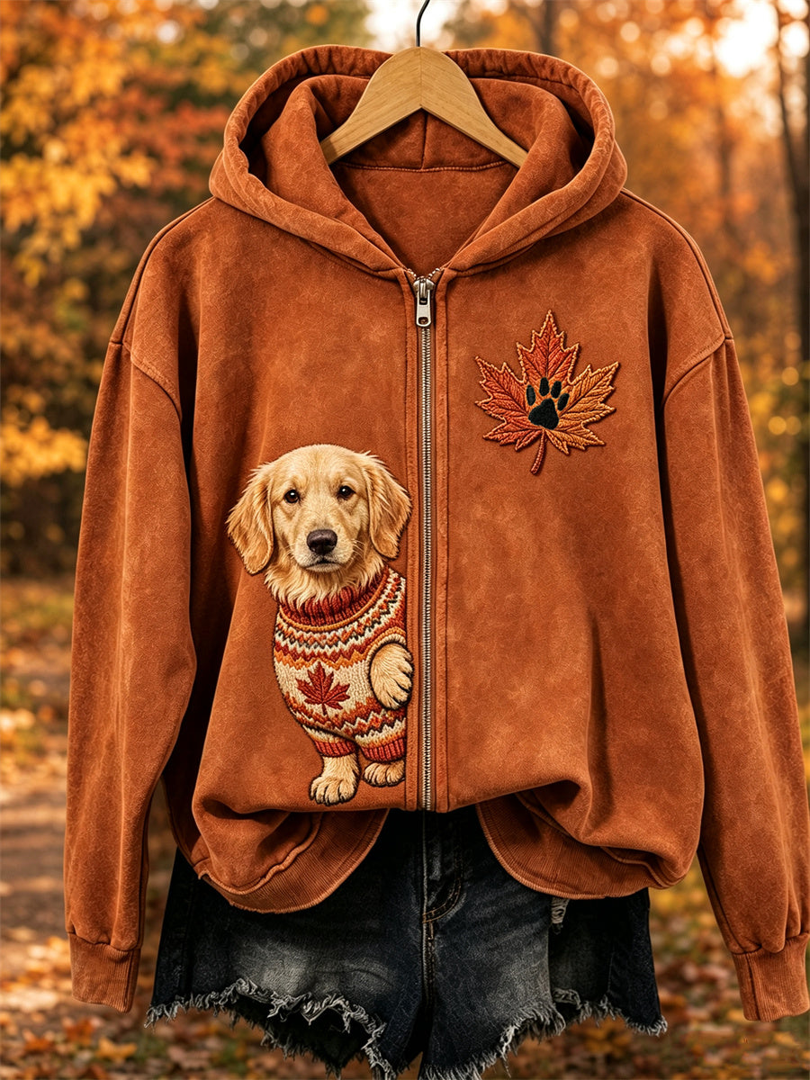 Dames Herfst Gezellig Gluitende Golden Retriever Hond & Leaf Print Volledige rits Hoodie