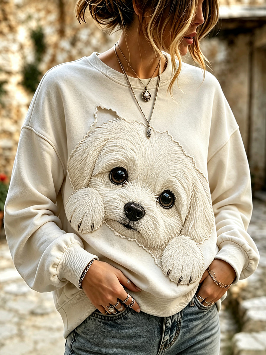 Schattig, knus sweatshirt voor dames met een print van een Maltezer hond die nieuwsgierig om de hoek kijkt