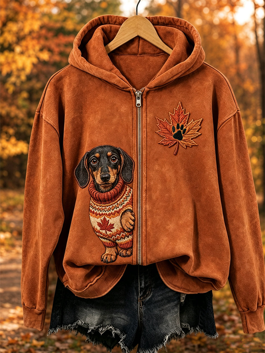 Dames Herfst Gezellig Glelijke Teckel Hond & Bladprint Volledige rits Hoodie