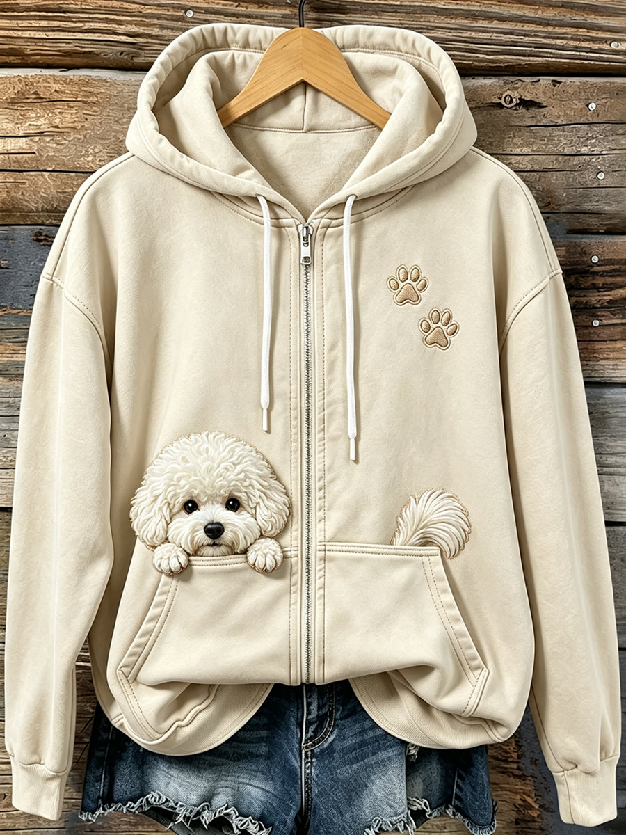 Vintage pruikende bichon Frise & Paw print knusse hoodie met rits