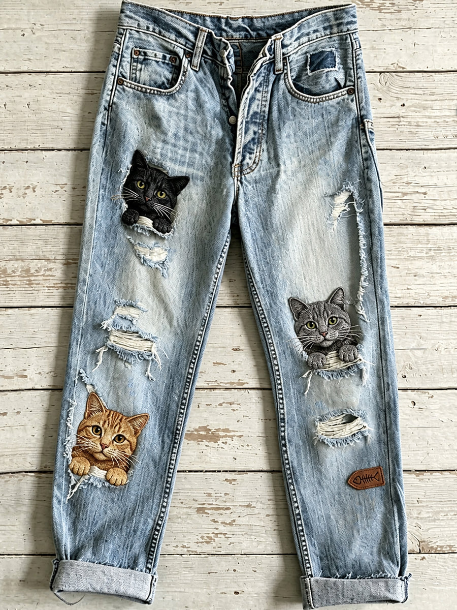 Casual damesjeans met vintage dierenkunstprint