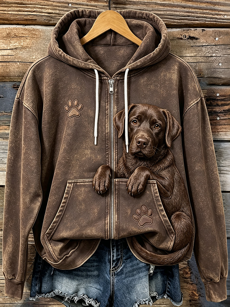 Vintage pruikende chocolade labrador retriever & paw print knusse hoodie met rits