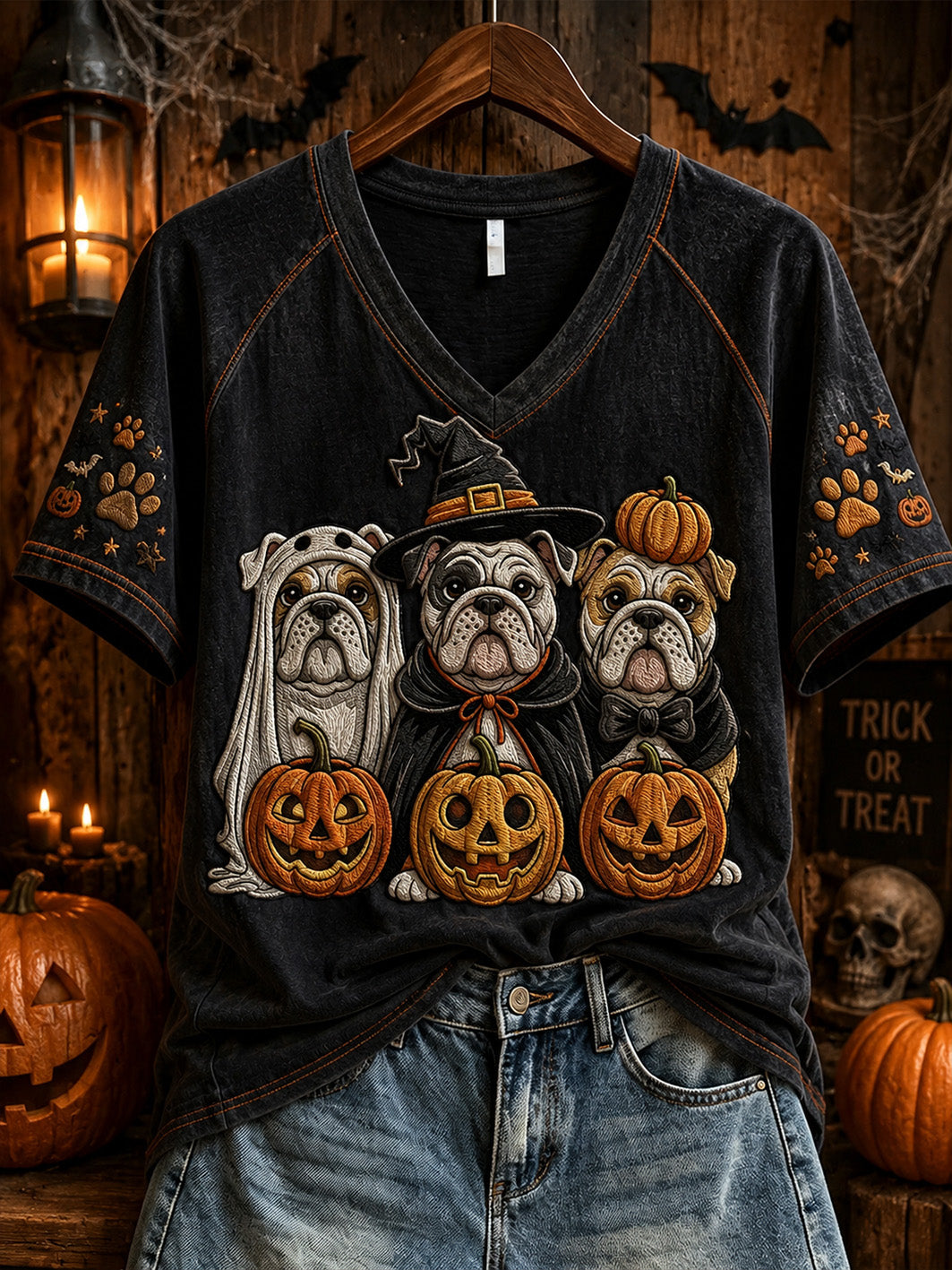 Dames Halloween Stijl Leuke Hond Patroon Gedrukt Casual T-shirt met korte mouwen