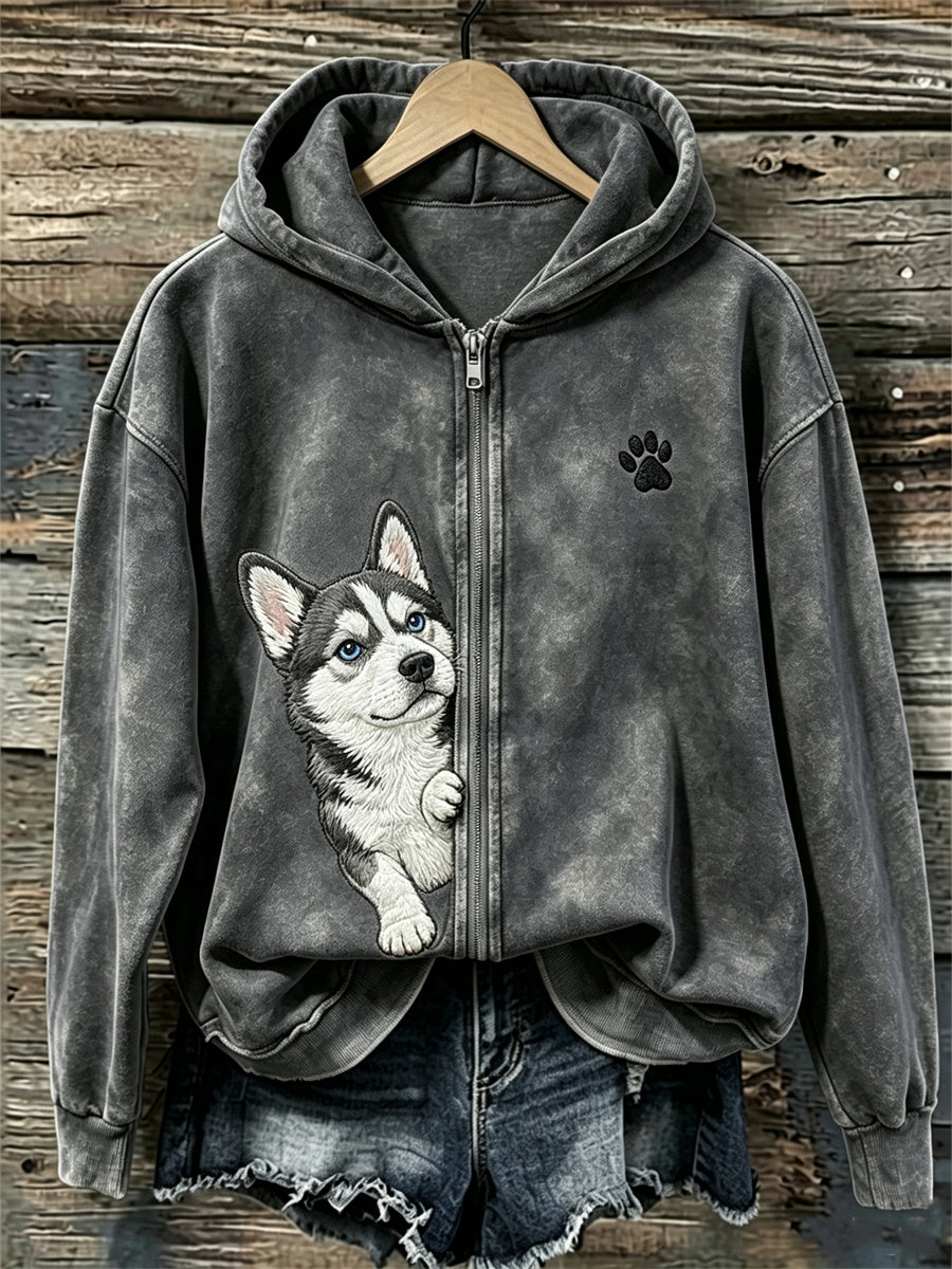 Husky hond en pootprint met volledige ritssluiting voor dames