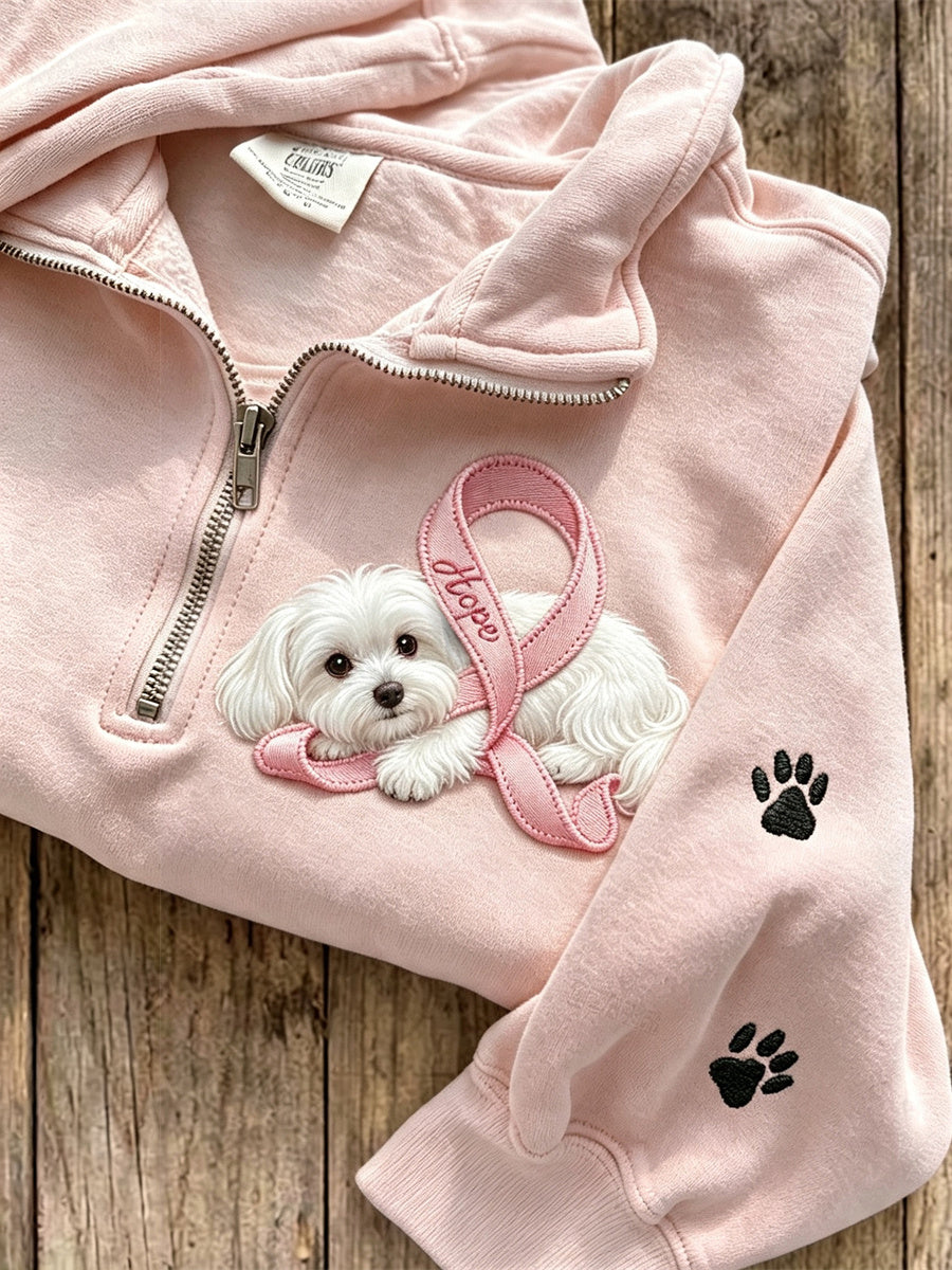 Hoop voor dames roze lint Maltese hond en poot print sweatshirt met rits
