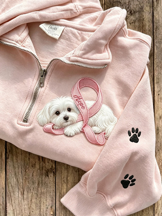 Hoop voor dames roze lint Maltese hond en poot print sweatshirt met rits