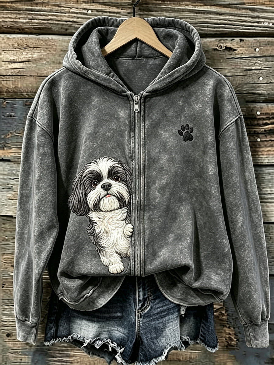 Gluitende Shih Tzu Dog & Paw print volledig zip-knusse hoodie voor dames