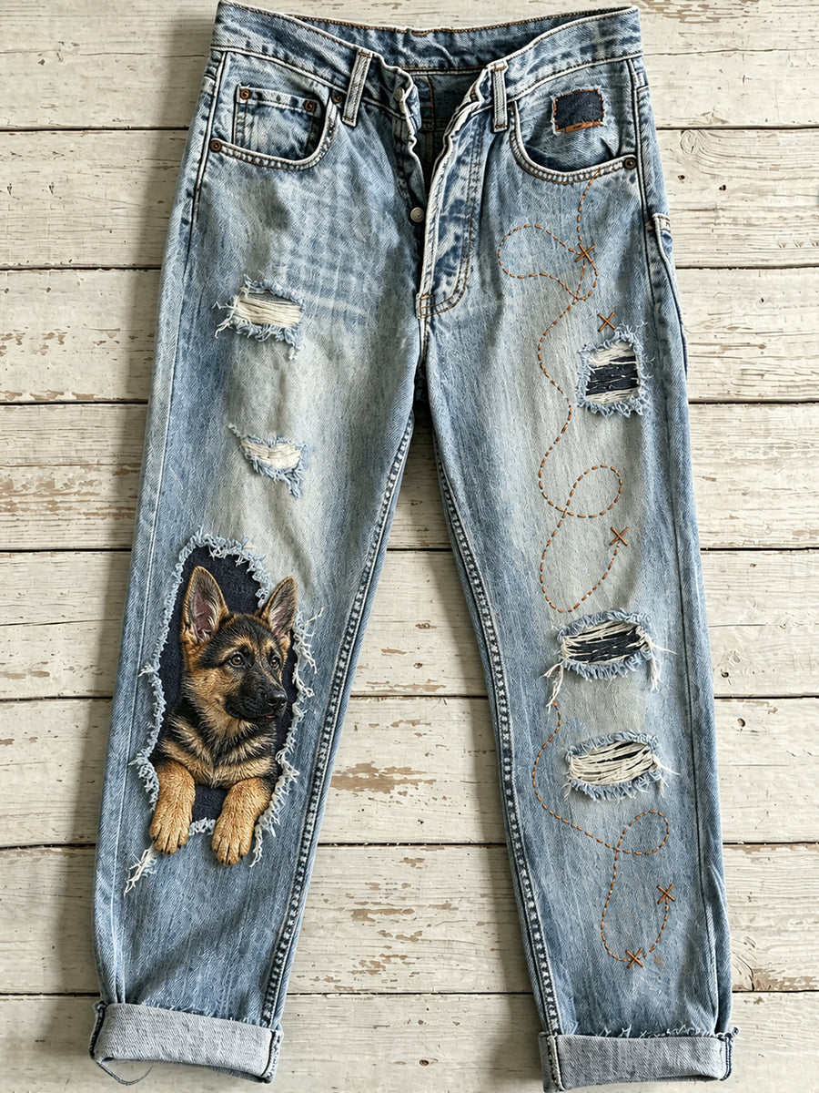 Casual damesjeans met vintage dierenkunstprint