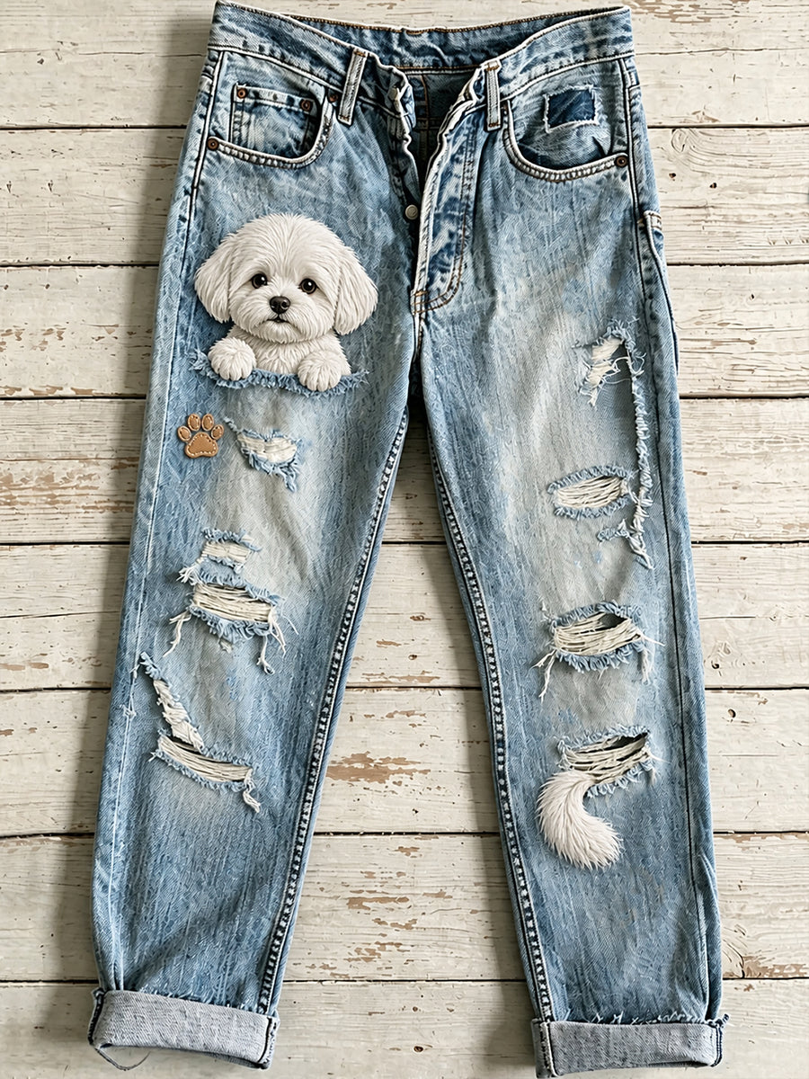 Casual damesjeans met vintage dierenkunstprint