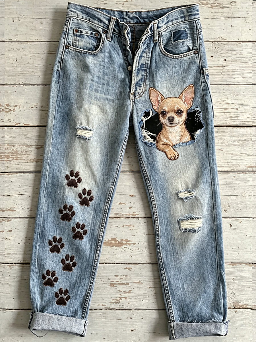 Dames dierenhond kunst print uitlopende broek